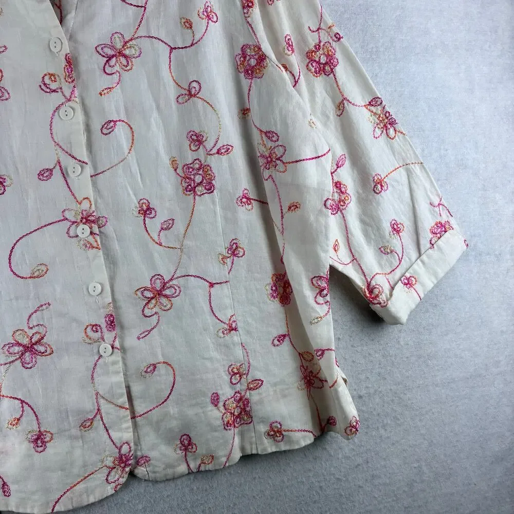 Sarah Spencer 100% Linen 3/4 Sleeve Button Up Blouse Women 2X Floral Whimsy READ